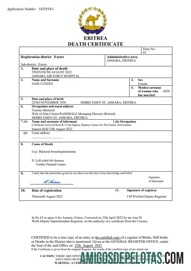 Em branco modelo Word e PDF de certidão de óbito de registro vital da Eritreia